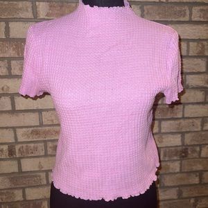 Pink mockneck waffle-knit tee